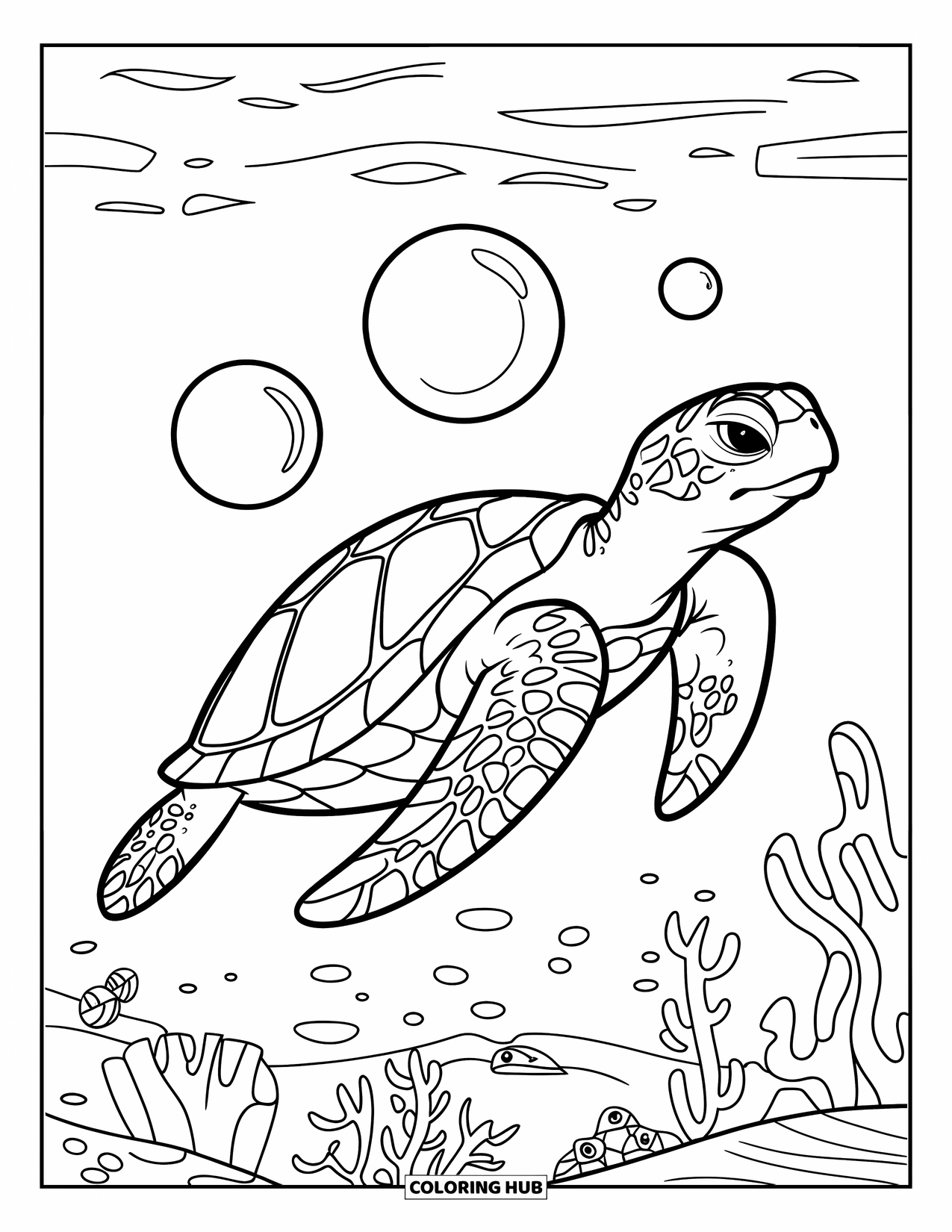 Desenho de Animais Marinhos para Crianças: Uma grande tartaruga marinha desliza pelo oceano com bolhas e vida marinha