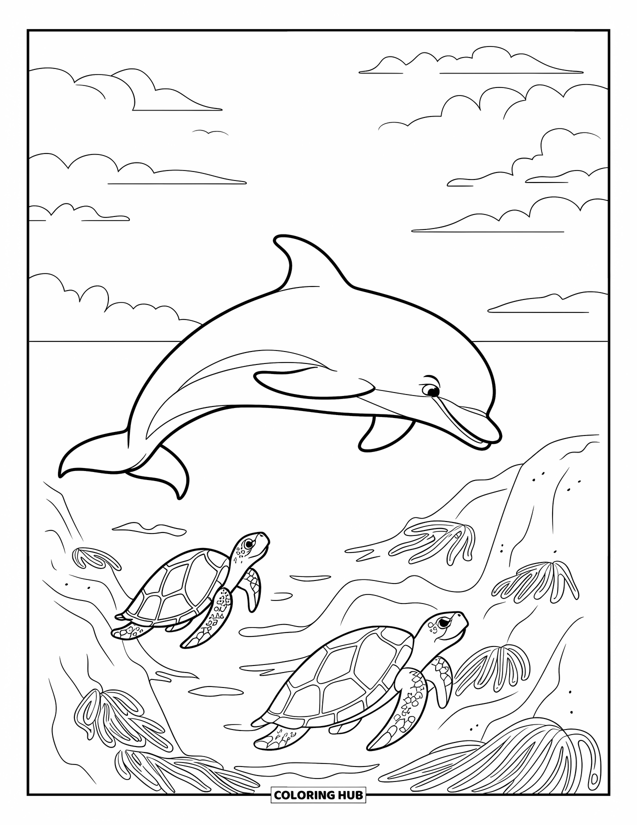 Desenho de Animais Marinhos para Crianças: Um golfinho saltando nada acima de duas tartarugas perto de rochas subaquáticas