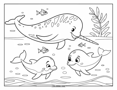 Ocean Animals Coloring Page for Kids: A narwhal and dolphins play in the water while fish leap nearby
