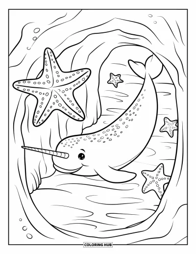 Ocean Animals Coloring Page for Kids: A narwhal dives by a cave with bright sea stars nearby
