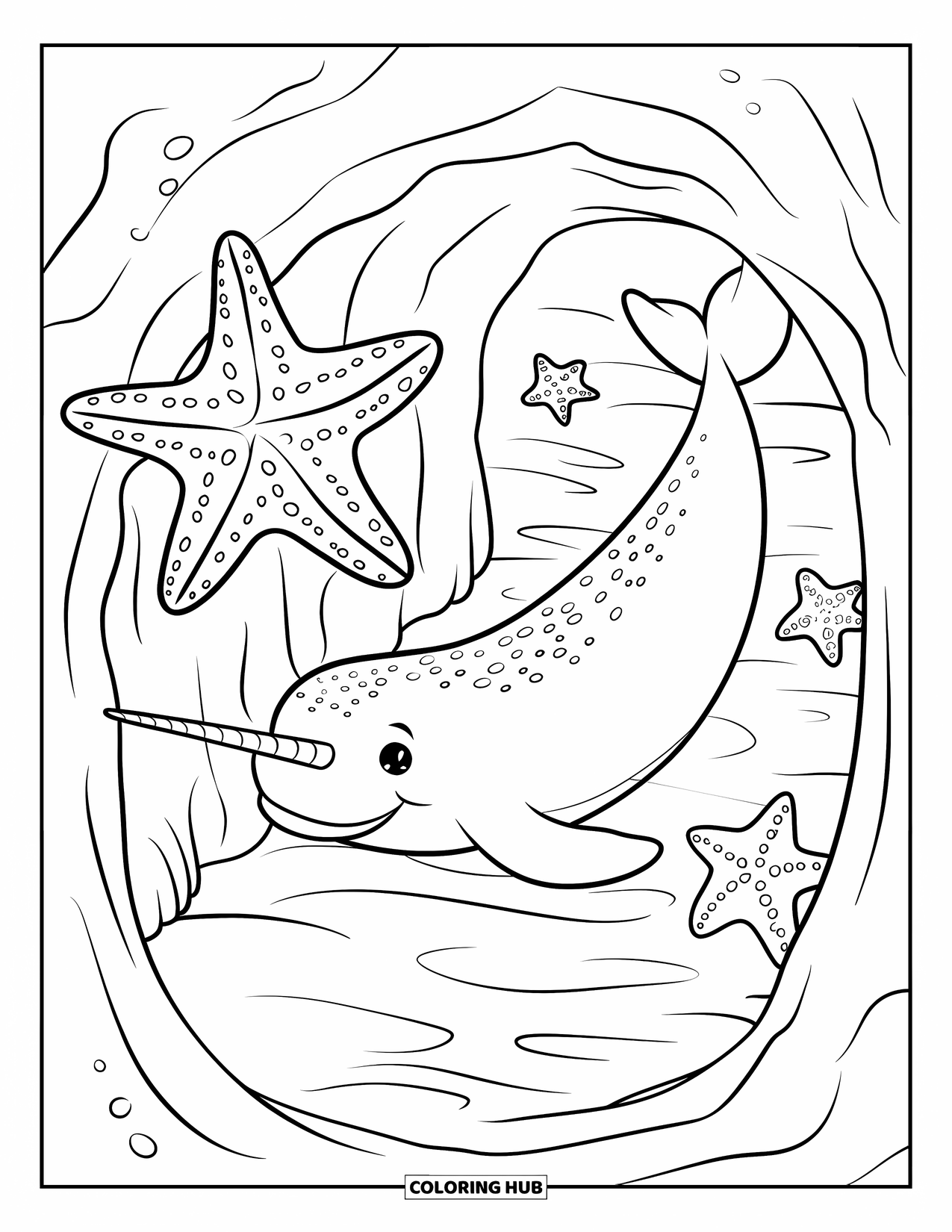 Desenho de Animais Marinhos para Crianças: Um narval mergulha perto de uma caverna com estrelas-do-mar brilhantes por perto