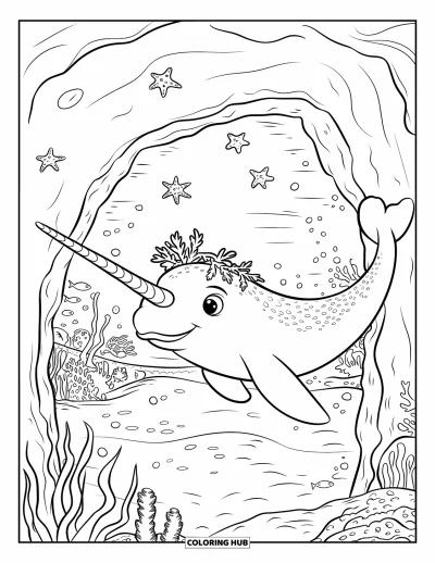 Ocean Animals Coloring Page for Kids: A narwhal wearing a seaweed crown dives past sea stars and coral