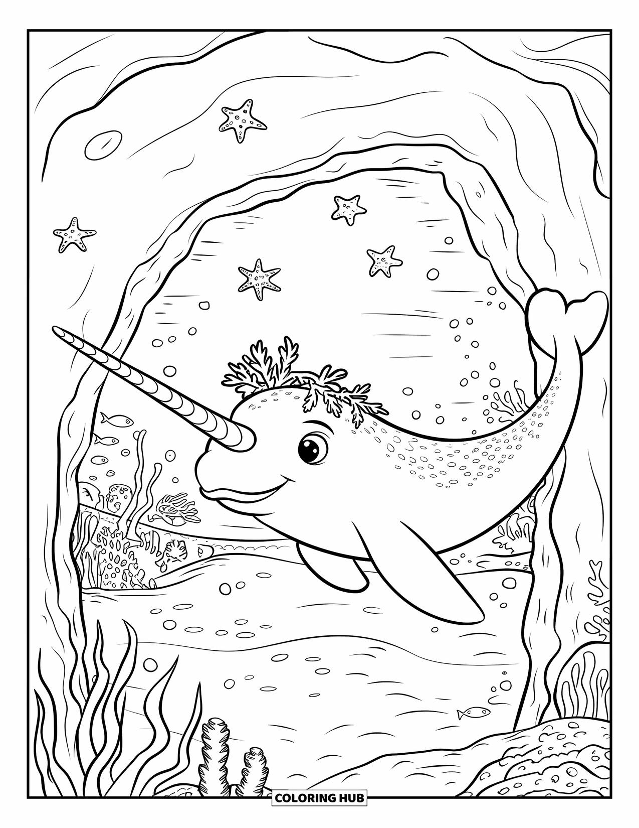 Desenho de Animais Marinhos para Crianças: Um narval usando uma coroa de algas marinhas mergulha passando por estrelas-do-mar e corais