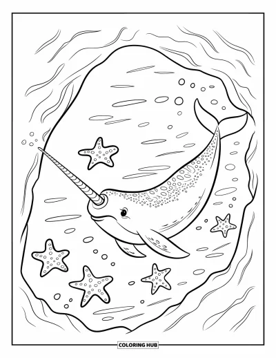 Ocean Animals Coloring Page for Kids: A narwhal with a long tusk swims past sea stars near a cave