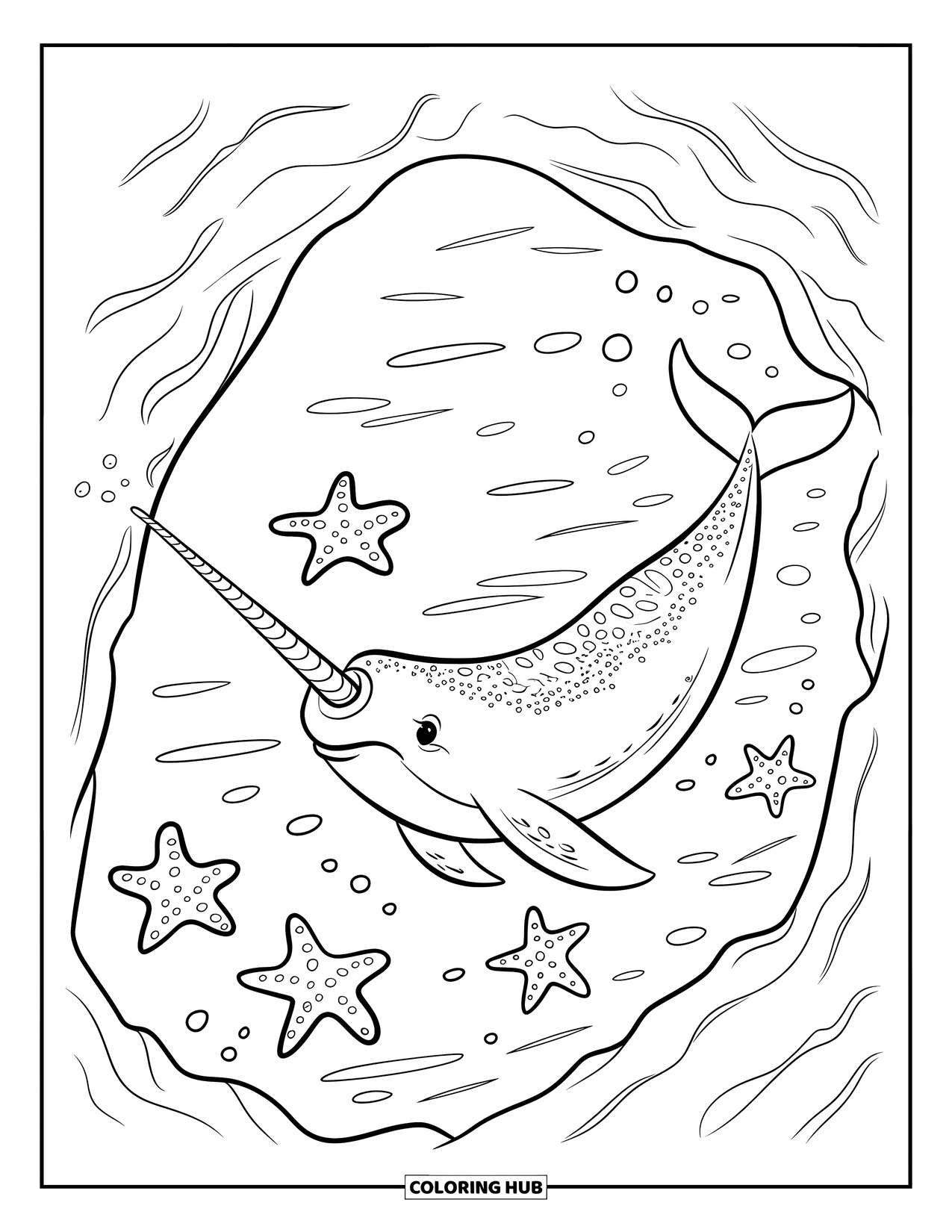 Desenho de Animais Marinhos para Crianças: Um narval com uma longa presa nada passando por estrelas-do-mar perto de uma caverna