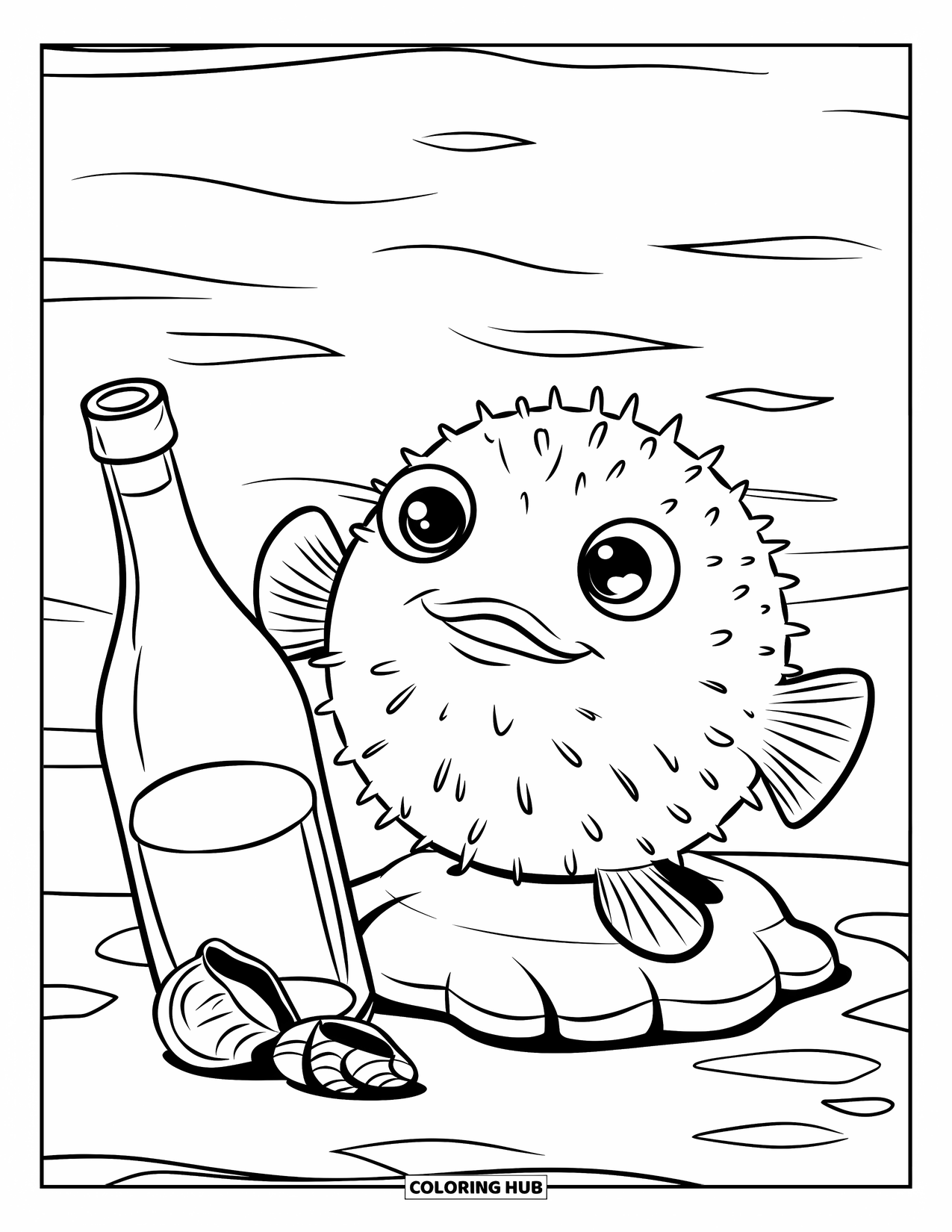 Desenho de Animais Marinhos para Crianças: Um baiacu inchado senta-se ao lado de uma garrafa e conchas marinhas