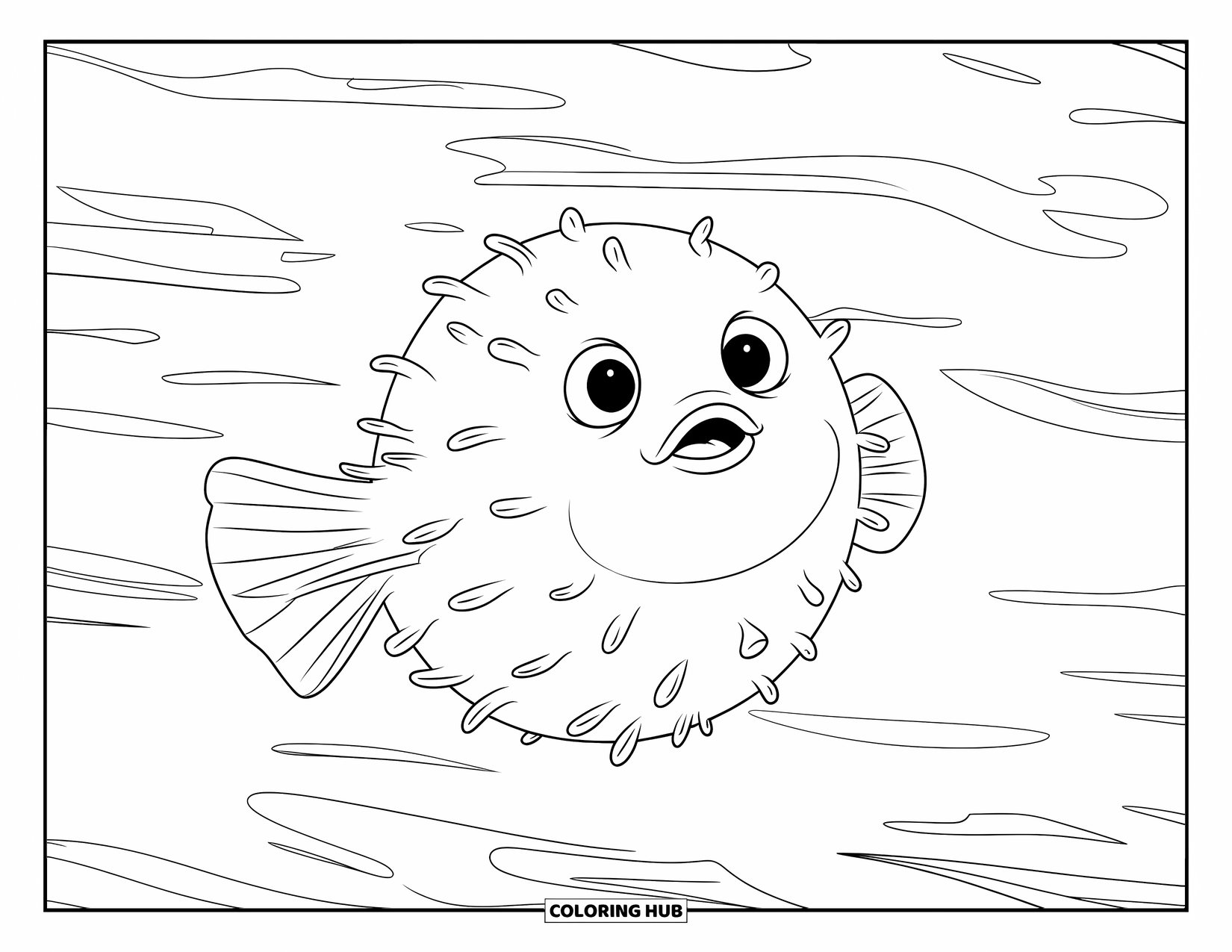 Desenho de Animais Marinhos para Crianças: Um baiacu redondo flutua sozinho com redemoinhos mostrando movimento na água