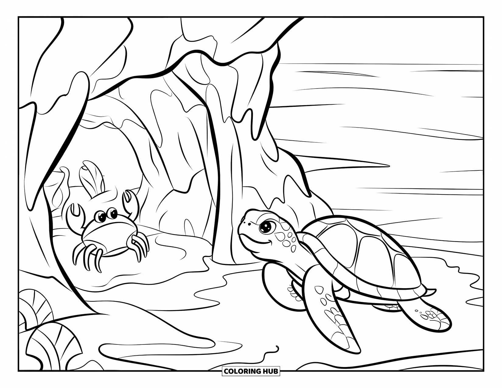 Desenho de Animais Marinhos para Crianças: Uma tartaruga marinha explora uma caverna rochosa enquanto um caranguejo e uma enguia espreitam para fora