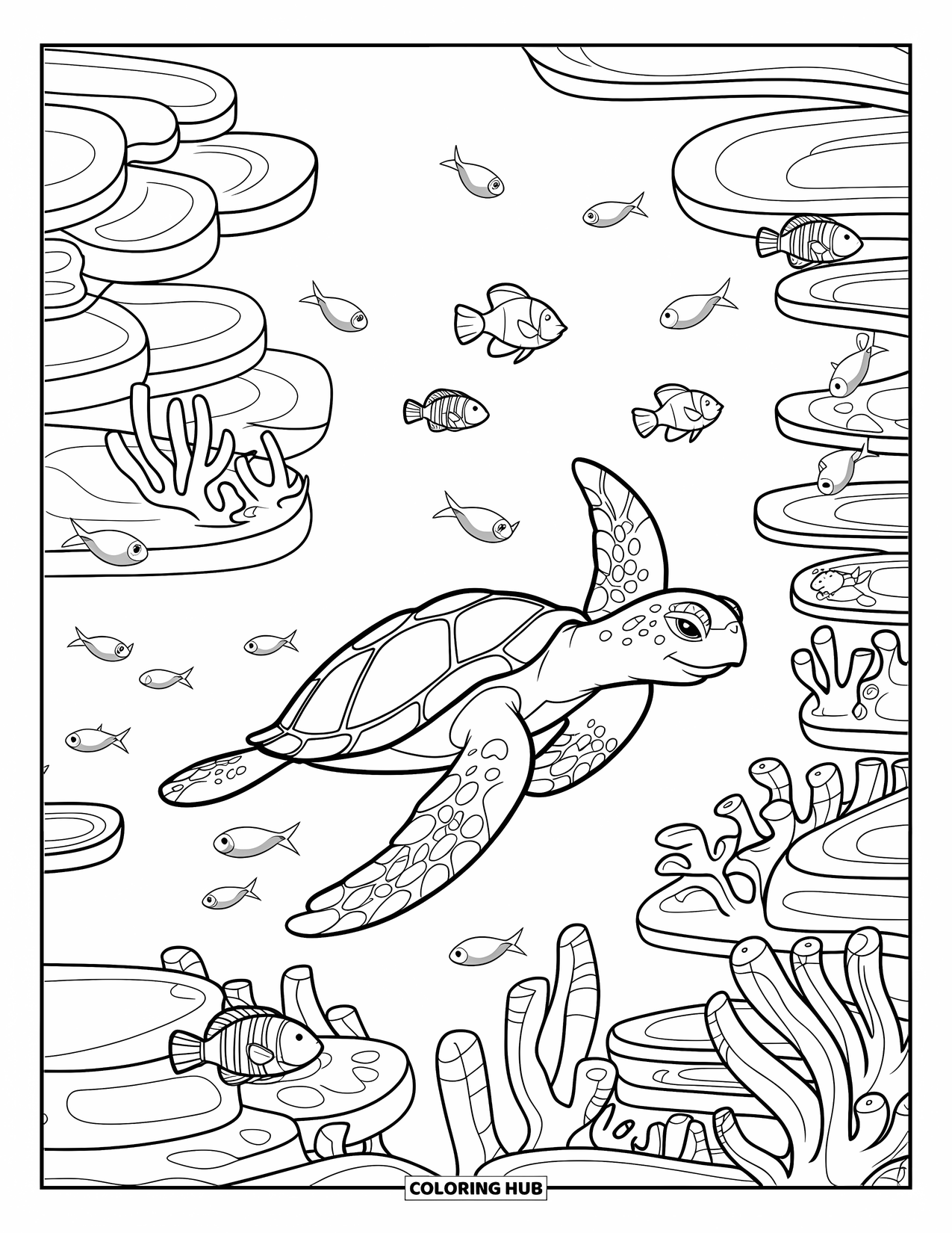 Desenho de Animais Marinhos para Crianças: Uma tartaruga marinha nada entre peixes rodopiantes e recifes de corais em camadas