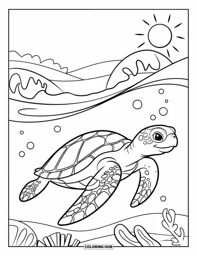 Ocean Animals Coloring Page for Kids: A sea turtle swims with three bubbles in a sunny ocean scene