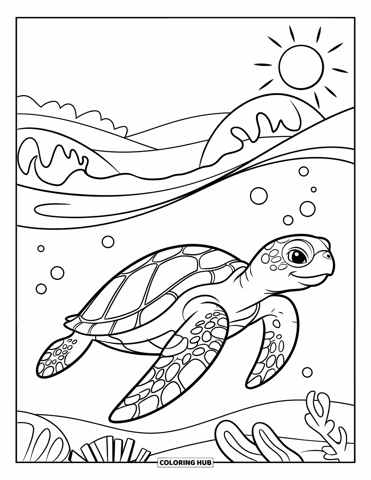 Desenho de Animais Marinhos para Crianças: Uma tartaruga marinha nada com três bolhas em uma cena oceânica ensolarada