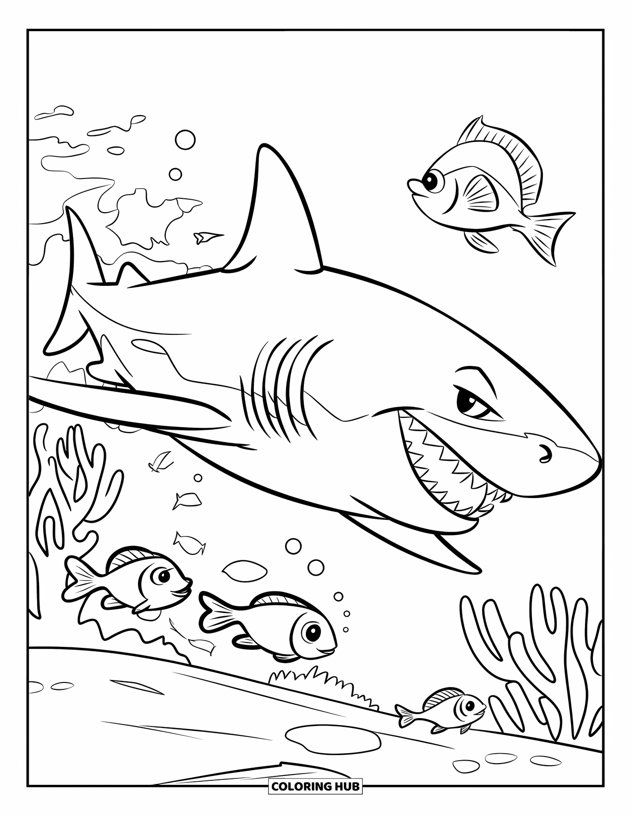 Desenho de Animais Marinhos para Crianças: Um tubarão persegue pequenos peixes perto de corais no mar