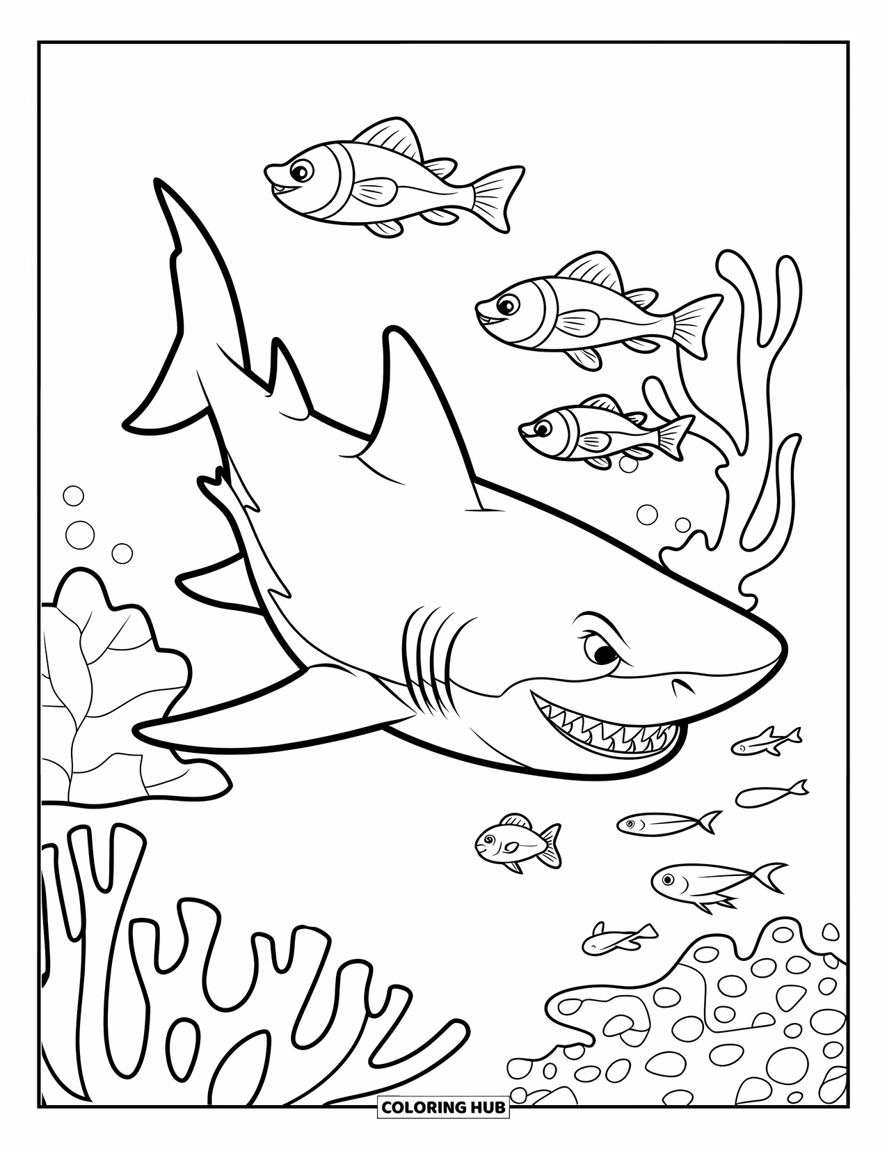Desenho de Animais Marinhos para Crianças: Um tubarão acelera através da água atrás de pequenos peixes perto de corais