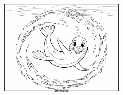 Ocean Animals Coloring Page for Kids: A sleek seal twists underwater in a spiral of bubbles