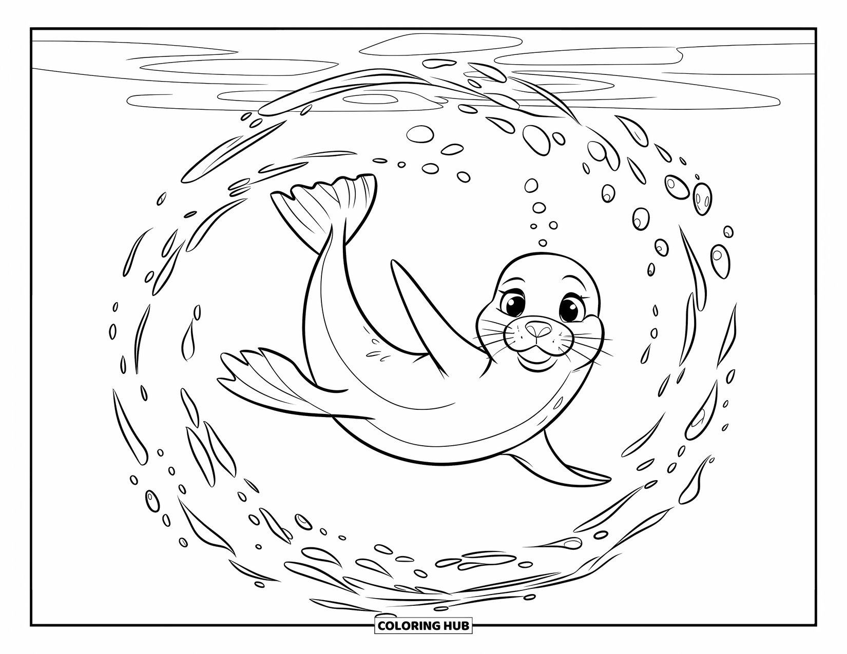 Desenho de Animais Marinhos para Crianças: Uma foca elegante se contorce debaixo d'água em uma espiral de bolhas