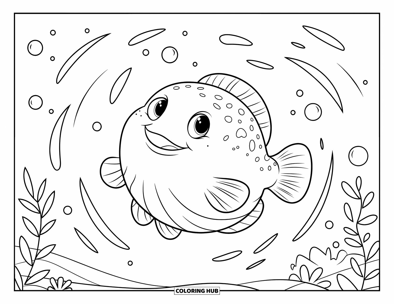 Desenho de Animais Marinhos para Crianças: Um baiacu sorridente flutua através de água rodopiante perto de algas marinhas e bolhas
