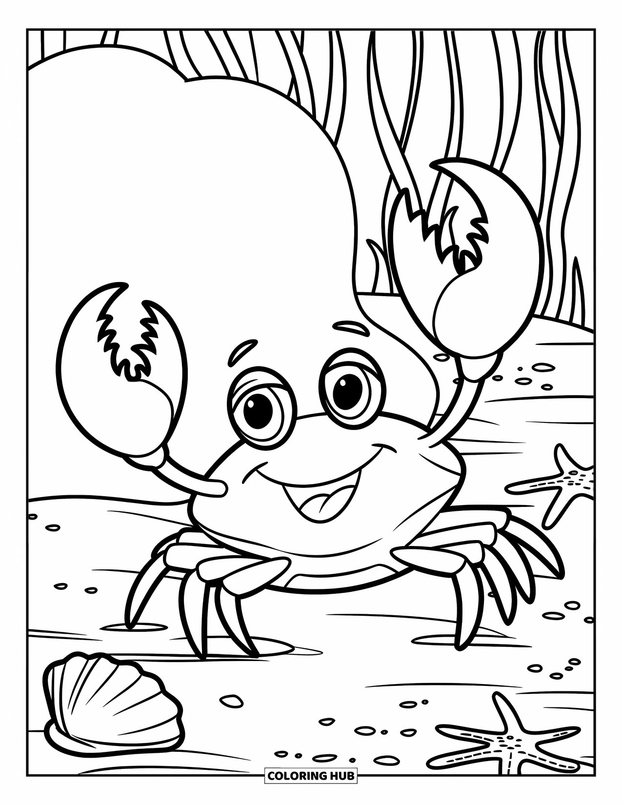 Desenho de Animais Marinhos para Crianças: Um caranguejo sorridente fica orgulhosamente perto de uma concha e algas marinhas