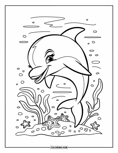 Ocean Animals Coloring Page for Kids: A smiling dolphin jumps beside a reef filled with starfish and seaweed