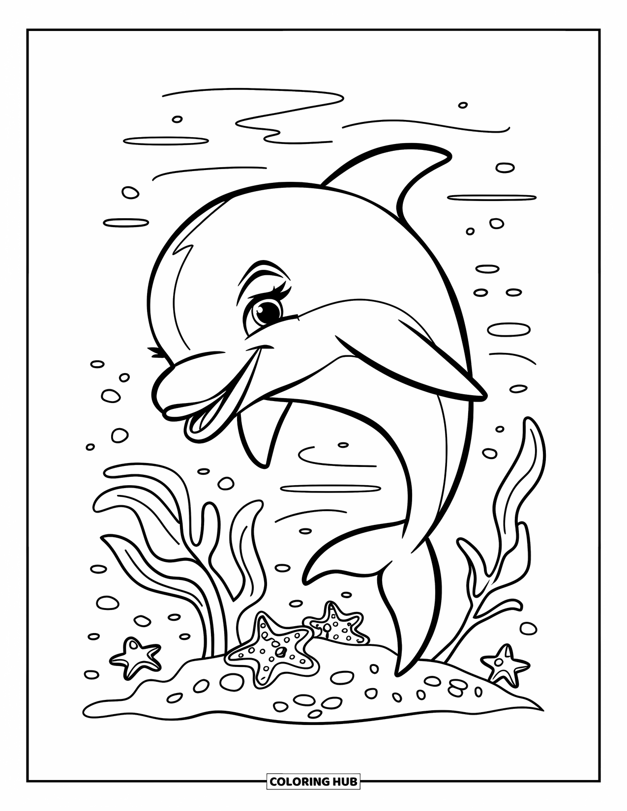 Desenho de Animais Marinhos para Crianças: Um golfinho sorridente salta ao lado de um recife cheio de estrelas-do-mar e algas marinhas