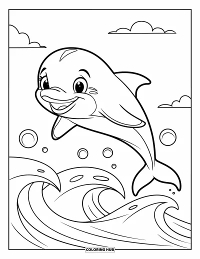 Ocean Animals Coloring Page for Kids: A smiling dolphin leaps through soft waves with bubbles rising nearby