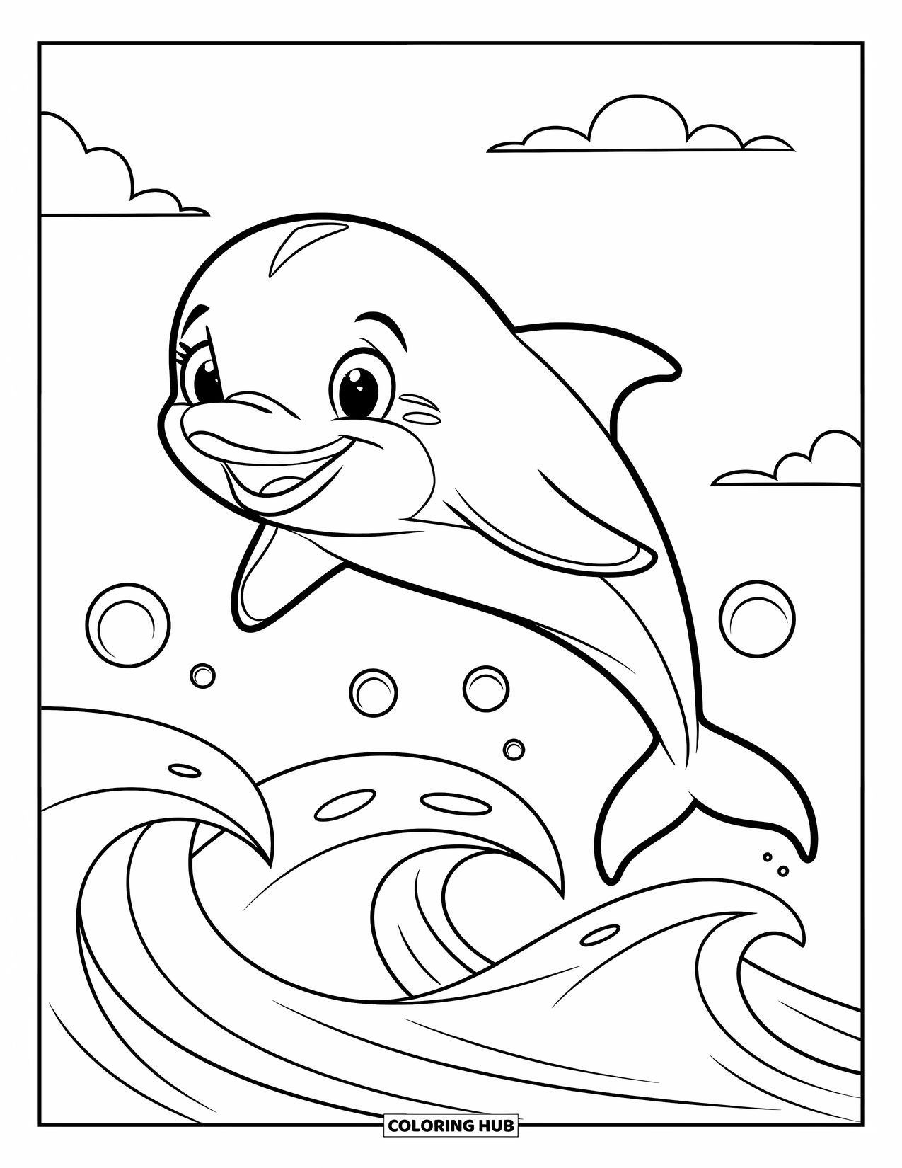 Desenho de Animais Marinhos para Crianças: Um golfinho sorridente salta através de ondas suaves com bolhas subindo por perto