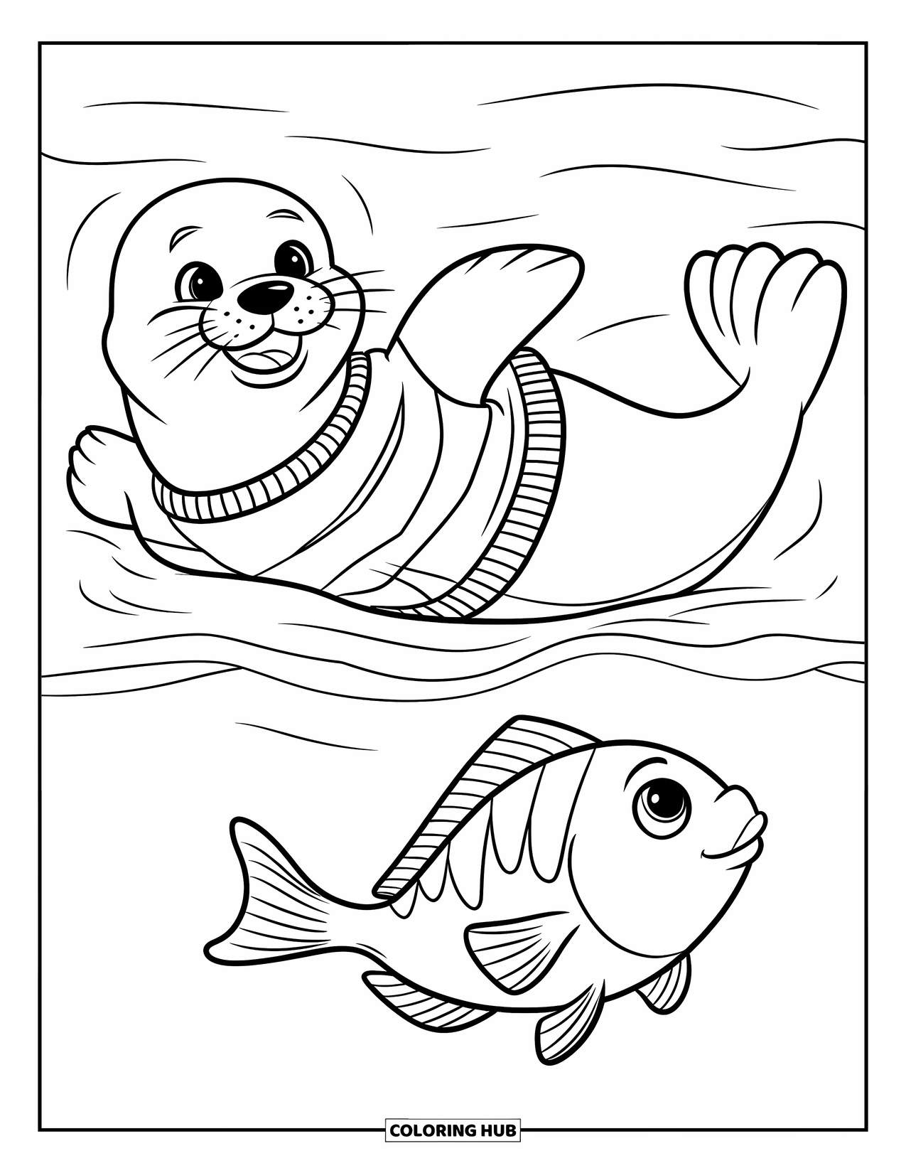 Desenho de Animais Marinhos para Crianças: Uma foca sorridente usando um suéter flutua enquanto observa um peixe próximo