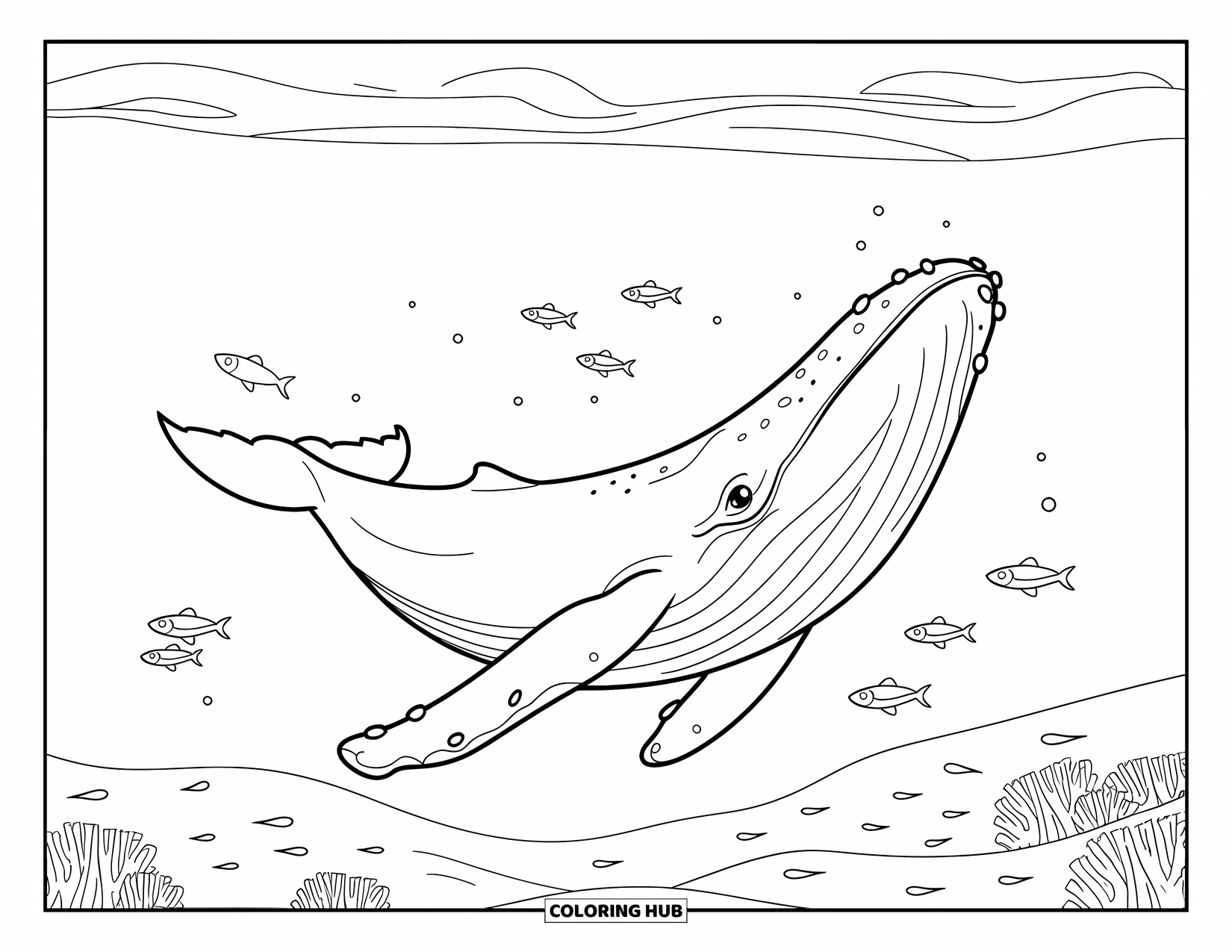 Desenho de Animais Marinhos para Crianças: Uma baleia sorridente flutua calmamente sobre peixes e um fundo do oceano arenoso