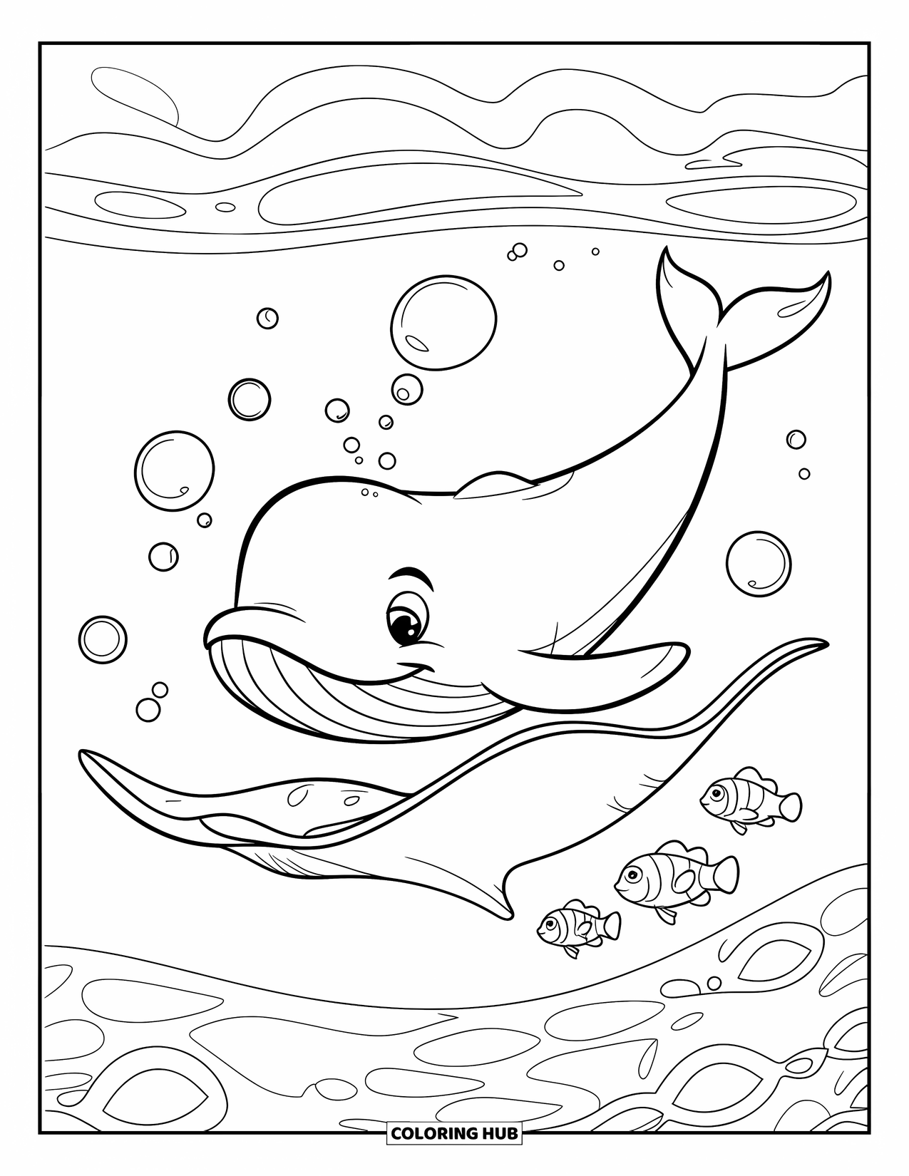 Desenho de Animais Marinhos para Crianças: Uma baleia sorridente desliza com uma arraia e um peixe-palhaço no oceano suave