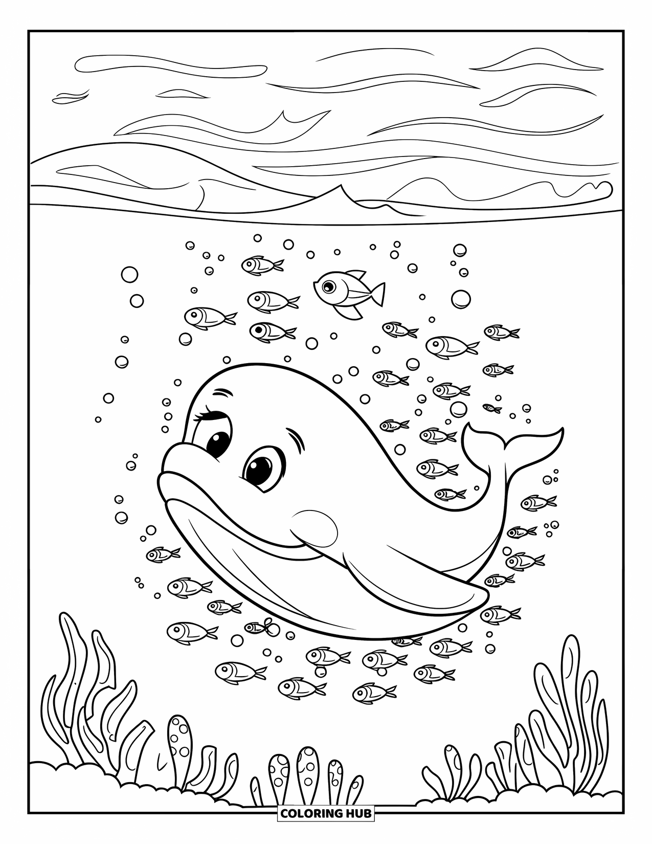 Desenho de Animais Marinhos para Crianças: Uma baleia sorridente emerge de peixes rodopiantes com bolhas atrás