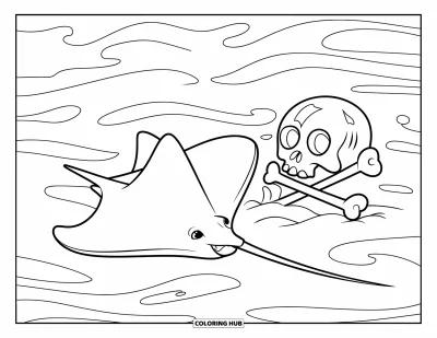 Ocean Animals Coloring Page for Kids: A stingray glides by a shipwreck with a skull emblem in the sand