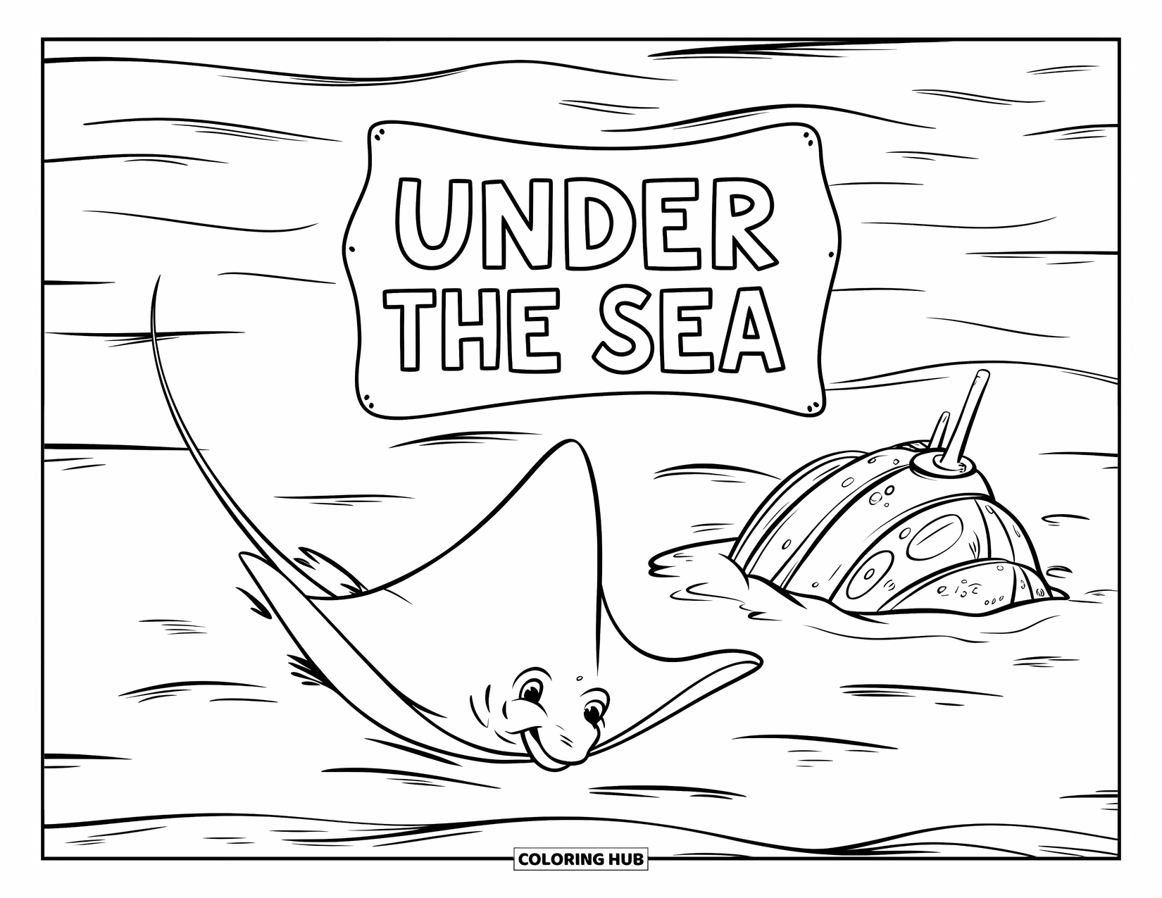 Desenho de Animais Marinhos para Crianças: Uma arraia nada por um naufrágio enterrado na areia