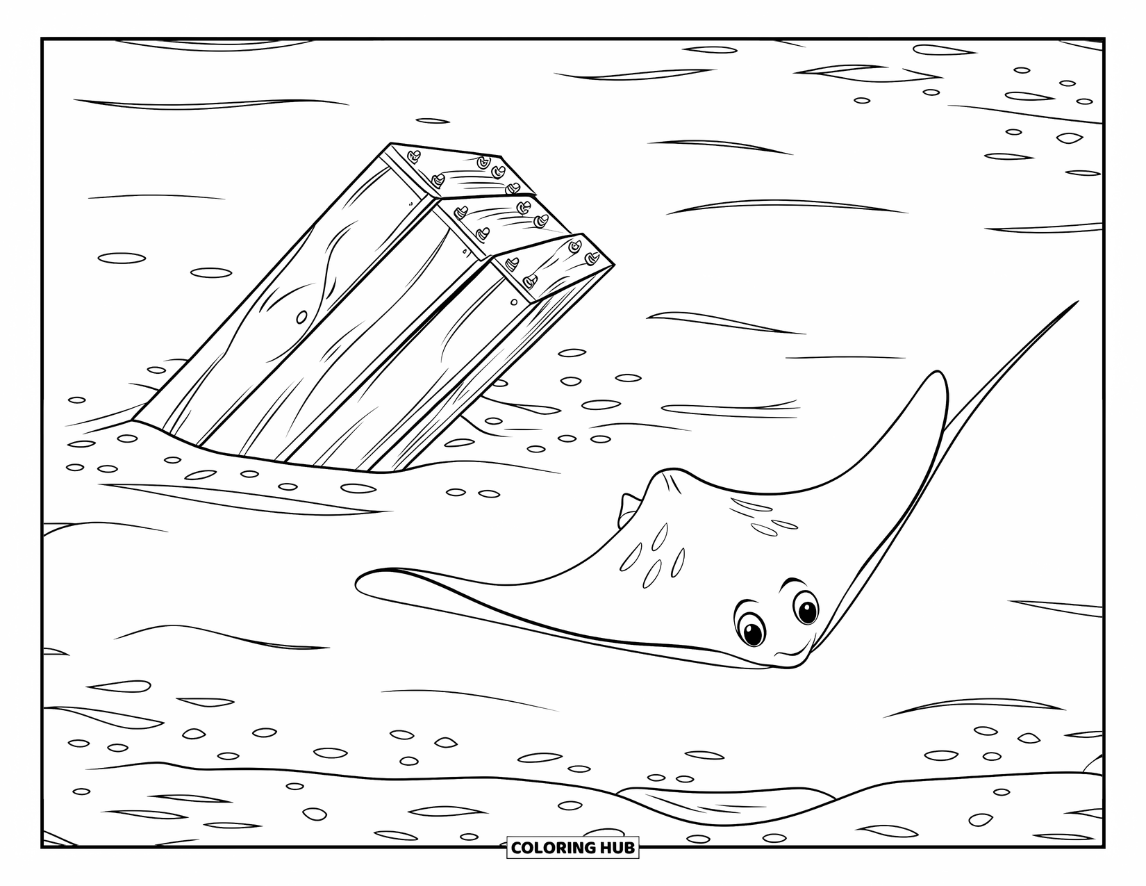 Desenho de Animais Marinhos para Crianças: Uma arraia nada por uma viga afundada na areia