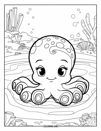 Ocean Animals Coloring Page for Kids: A tiny octopus sits calmly in water surrounded by coral and sea life