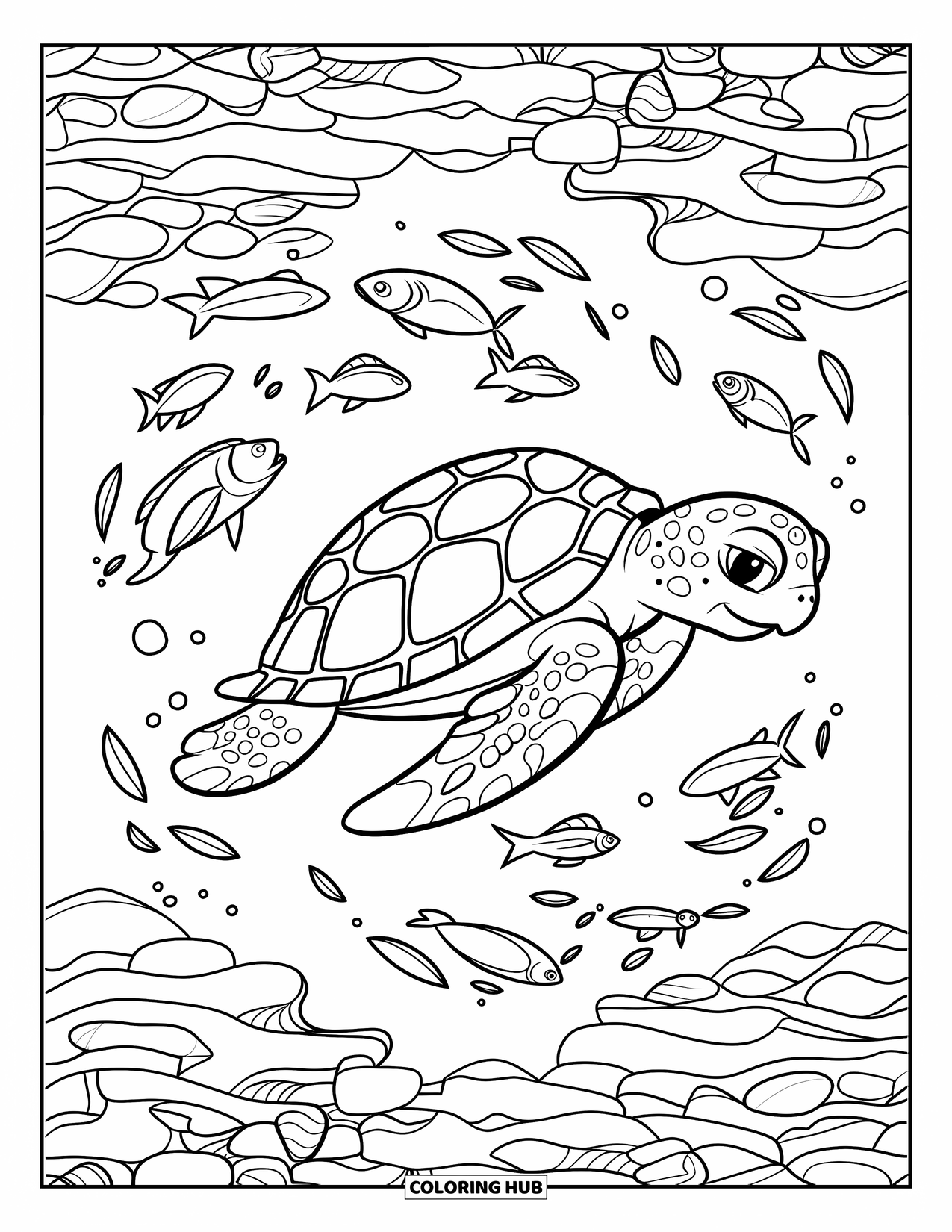 Desenho de Animais Marinhos para Crianças: Uma tartaruga desliza através de peixes e corais com linhas ousadas e fluidas