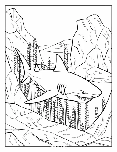 Ocean Animals Coloring Page for Kids: A wide-headed shark swims through tall plants and rocky ocean floor