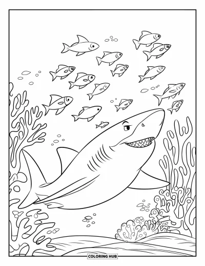 Ocean Animals Coloring Page for Kids: A wide-smiling shark darts toward little fish near colorful coral
