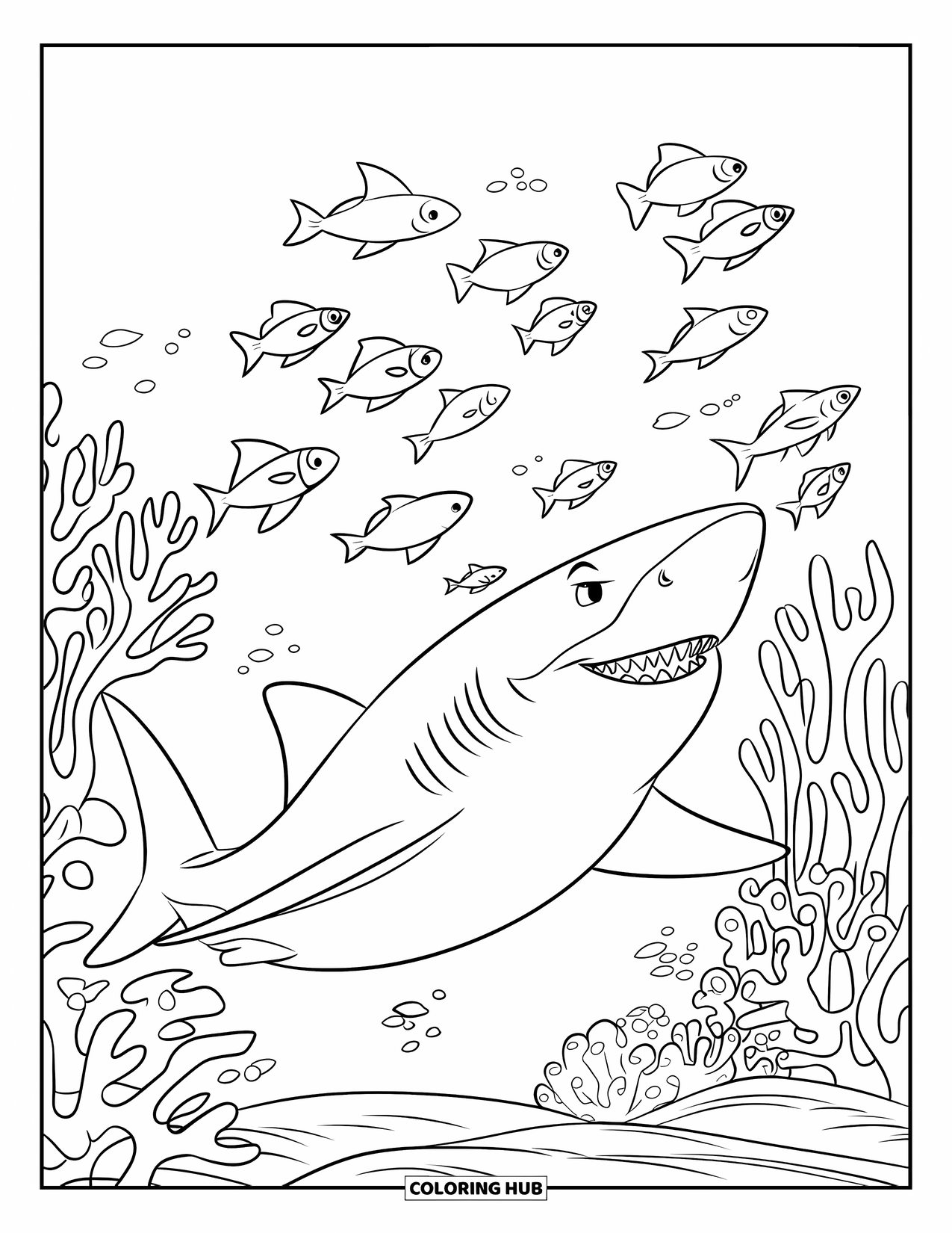Desenho de Animais Marinhos para Crianças: Um tubarão com um sorriso largo avança em direção a pequenos peixes perto de corais coloridos