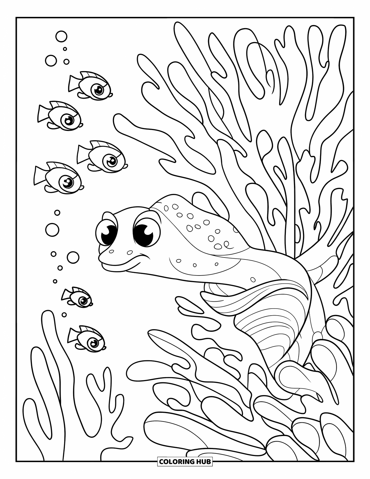 Desenho de Animais Marinhos para Crianças: Uma enguia sai do coral, assustando os peixes próximos