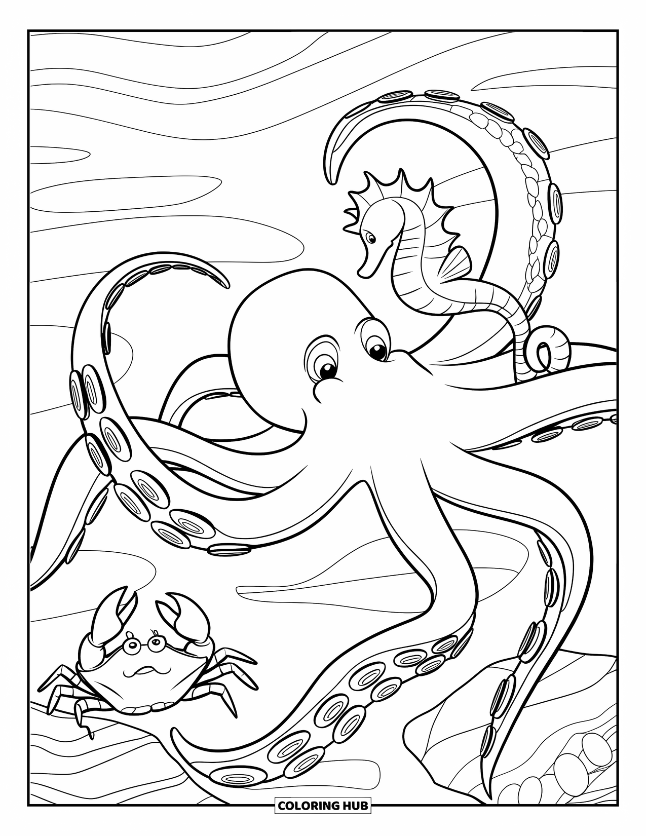 Desenho de Animais Marinhos para Crianças: Um polvo estica seus tentáculos enquanto um caranguejo e um cavalo-marinho exploram por perto