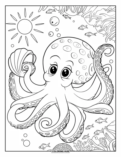 Ocean Animals Coloring Page for Kids: An octopus with big eyes holds a shell near a sunny reef