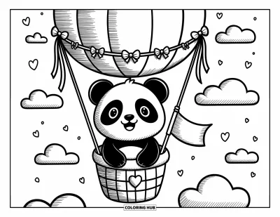 Panda-Ausmalbild für Erwachsene: Ein fröhlicher Panda schwebt in einem mit Schleifen und Bändern geschmückten Heißluftballon und hält eine kleine Fahne