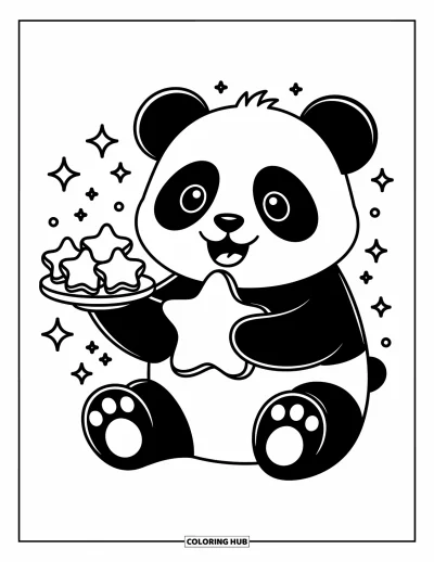 Panda-Ausmalbild für Erwachsene: Ein fröhlicher Panda umarmt einen sternförmigen Keks, mit weiteren Leckereien und kleinen Glitzerpunkten in der Luft