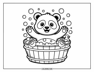 Panda-Ausmalbild für Erwachsene: Ein fröhlicher Panda sitzt in einer Holzwanne und spielt mit Schaumblasen, die durch die Szene schweben