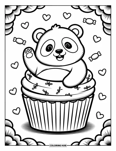 Panda-Ausmalbild für Erwachsene: Ein rundlicher Panda schaut aus einem riesigen Cupcake, umgeben von kleinen Herzen und Bonbons
