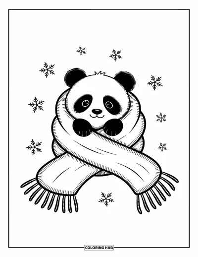Panda-Ausmalbild für Erwachsene: Ein kuscheliger Panda schaut aus einem großen Schal hervor, während Schneeflocken sanft umherschweben