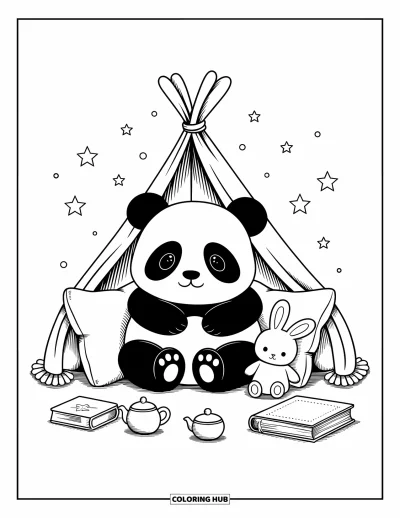 Panda-Ausmalbild für Erwachsene: Ein kuscheliger Panda liegt in einer Kissenburg, umgeben von einem kleinen Hasen, Büchern und schwebenden Sternen