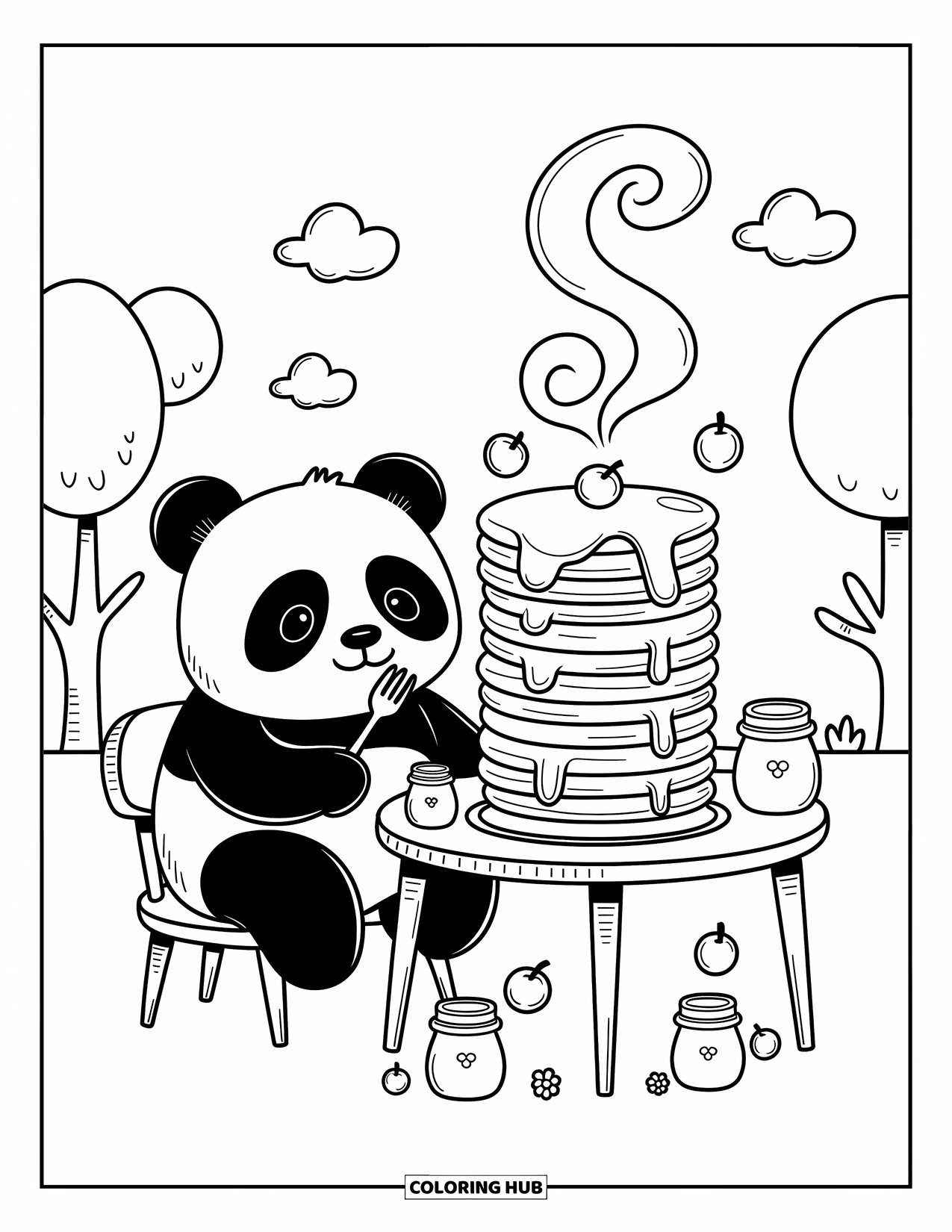 Panda Kleurplaat voor Volwassenen: Een nieuwsgierige panda staart naar een hoge stapel pannenkoeken, met potten honing en fruit in de buurt