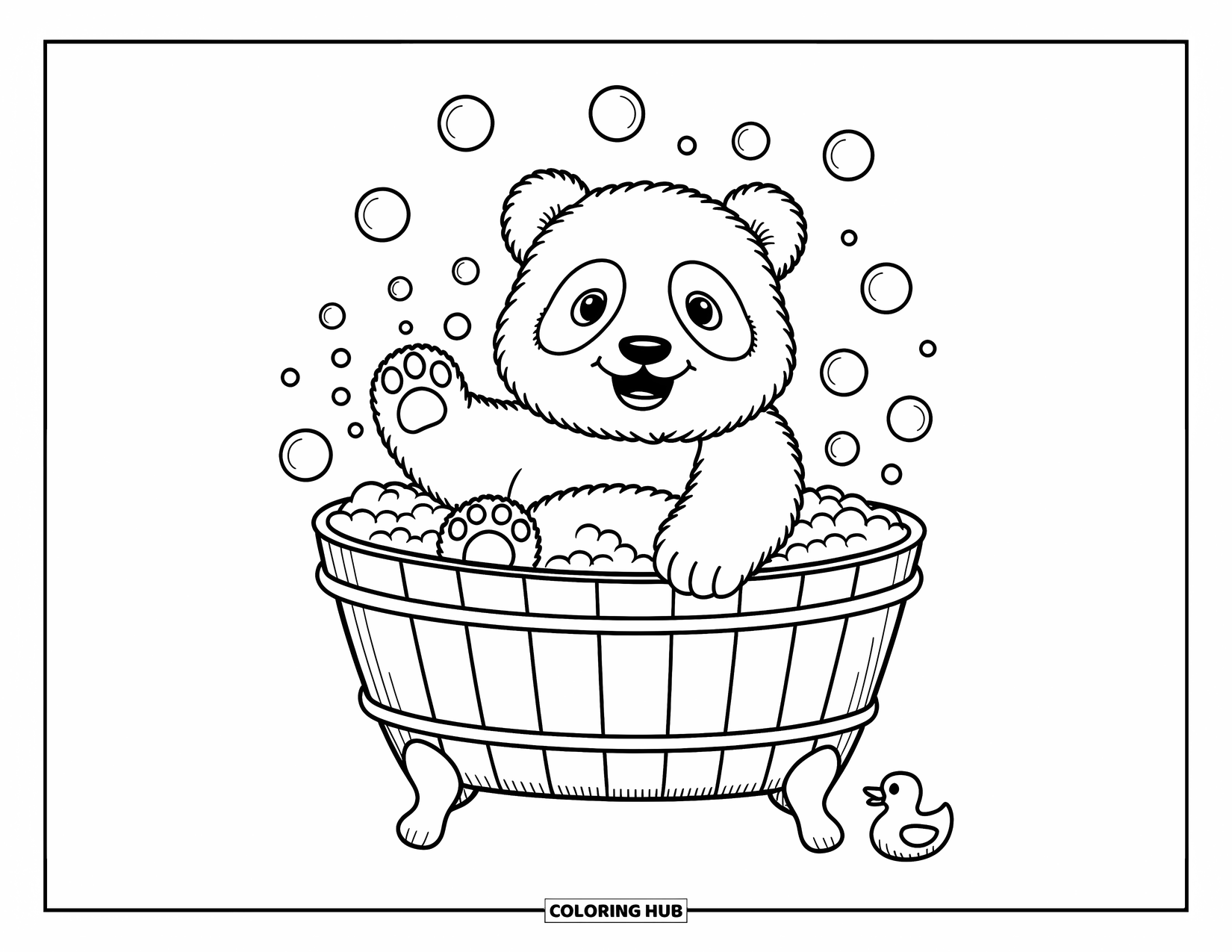 Panda Kleurplaat voor Volwassenen: Een blije panda geniet van een bubbelbad en stuurt bubbels de lucht in terwijl een rubberen eend in de buurt drijft