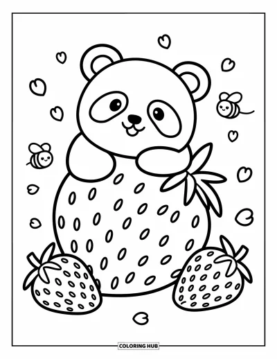 Panda-Ausmalbild für Erwachsene: Ein glücklicher Panda umarmt eine riesige Erdbeere, legt das Kinn darauf und ist von kleinen Bienen und Blütenblättern umgeben