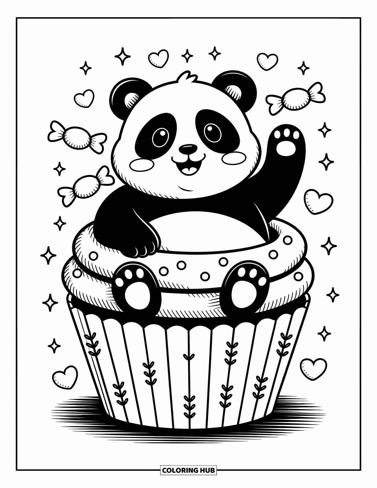 Panda Kleurplaat voor Volwassenen: Een blije panda gluurt over een gigantische cupcake, met zwevende snoepjes, kleine hartjes en glitters eromheen